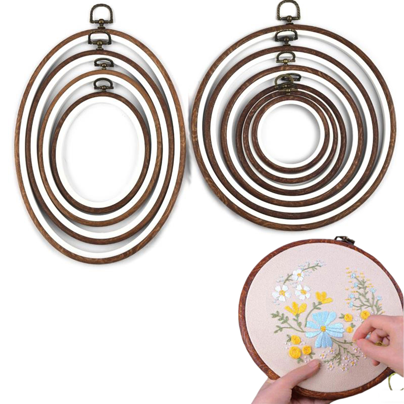 Wood Ring Blank - ชุดวงแหวนปักผ้าพลาสติก 10 ชิ้น รูปทรงกลมและวงรี ลายไม้ สำหรับงานปักครอสติช