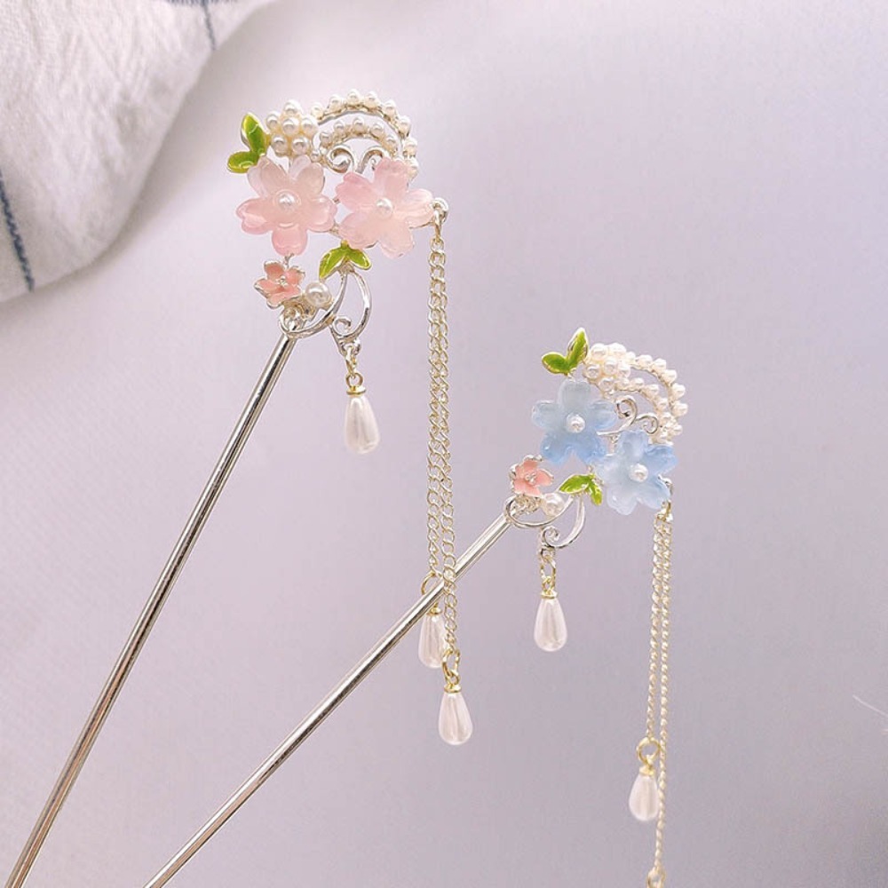 Resin Craft Ideas - ไม้ติดผมสไตล์จีน 1 ชิ้น: ดอกไม้เรซินสีชมพู มุก และพู่