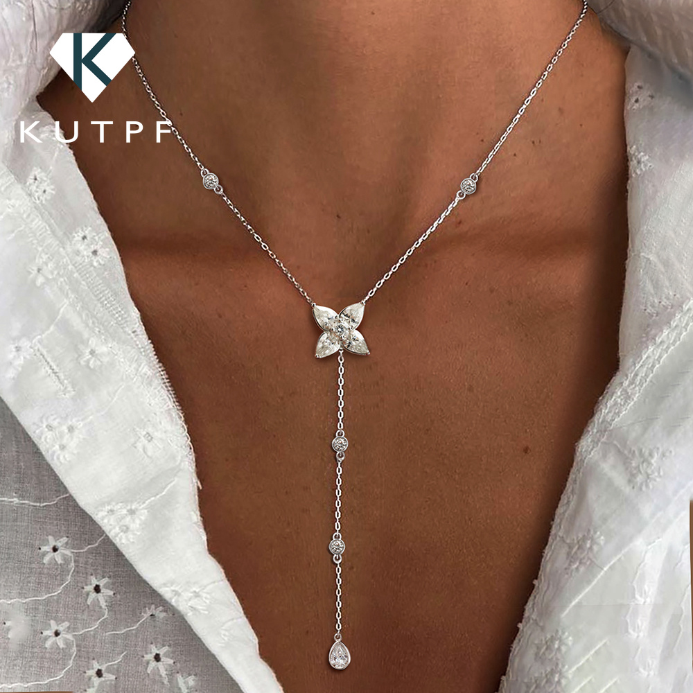 Bezels Set Pendant - สร้อยคอจี้โมอิสซาไนต์ทรงกลม/ทรงหยดน้ำพร้อมพู่ยาวทรงตัว Y ทำจากเงิน S925 สำหรับผู้หญิง