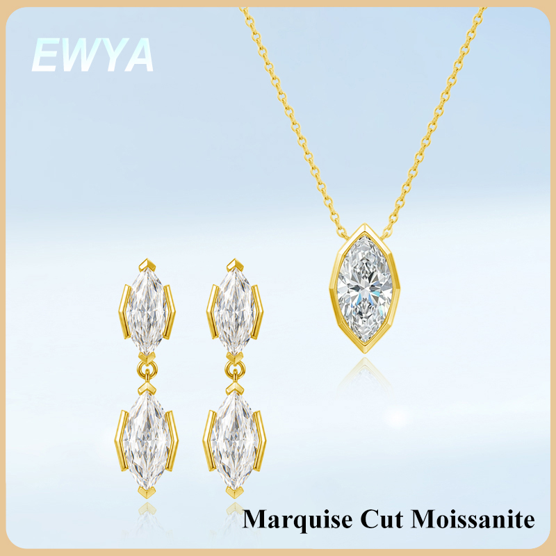 Bezels Set Pendant - EWYA 3CT มาร์ควิส คัท มอยส์ซาไนต์ จี้สร้อยคอแบบฝังขอบสำหรับผู้หญิงผู้ชาย