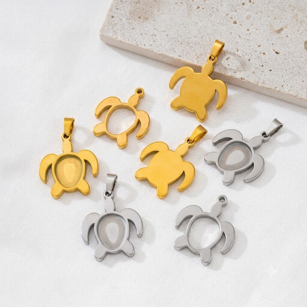 Bezels Set Pendant - 5 ชิ้น/ชุด ฐานจี้รูปเต่าทำจากสแตนเลส สำหรับทำจี้สร้อยคอ DIY อุปกรณ์ทำเครื่องประดับ