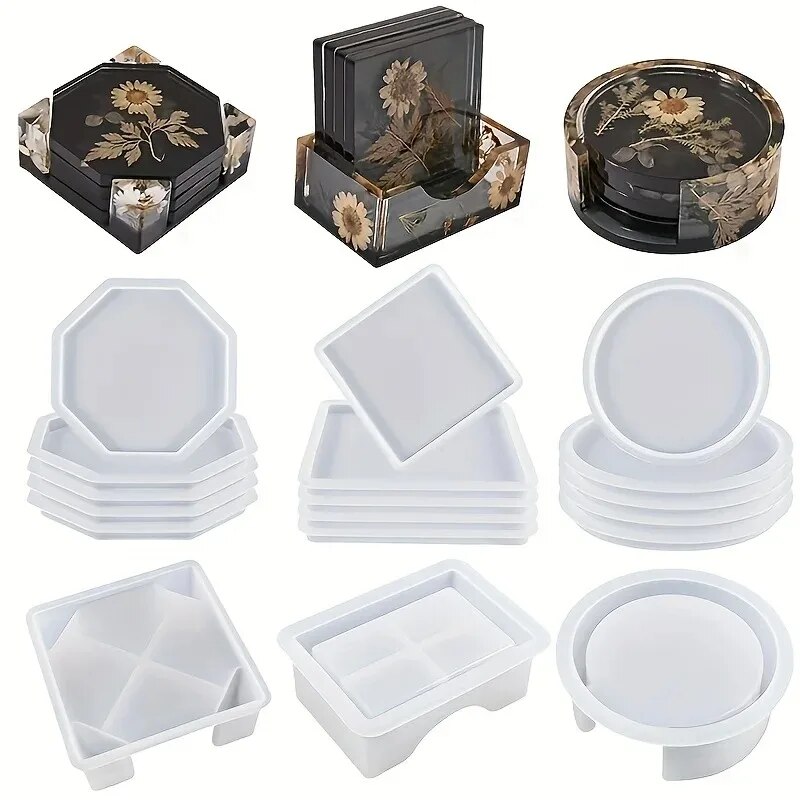 Gold Foil Flakes - Coaster เรซินแม่พิมพ์ชุดรวม 1 PC Coaster กล่องเก็บแม่พิมพ์,4