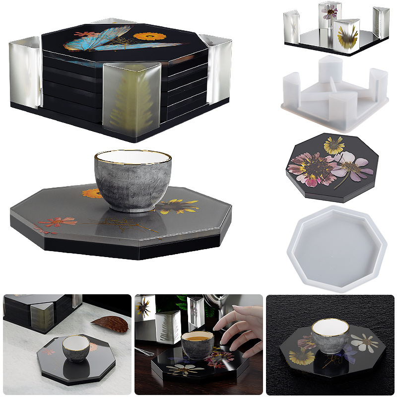 Coaster Mold Round - แม่พิมพ์กล่องเก็บของทำจากซิลิโคนถาดรองแก้วทรงแปดเหลี่ยมทรงสี่เหลี่ยมถาดรองแก้วยิปซั่มผสมผสานชุดแม่พิมพ์เรซินอีพ็อกซี่